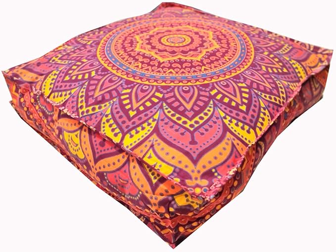 New Orange Ombre 24" Mandala Barmeri Large Floor Pillow Cover Cushion Meditation Seating Ottoman Throw Cover Hippie Decorative Zipped Bohemian Pouf Ottoman Pom Pom Cases 24 " square - Bloomnest