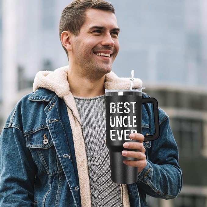 Ceovfoi 40 oz Uncle Tumbler with Handle Lid and Straw,Black Uncle Stainless Steel Cups Mug water Botter,Fathers Day Gift For Uncle From Niece, Nephew - Bloomnest
