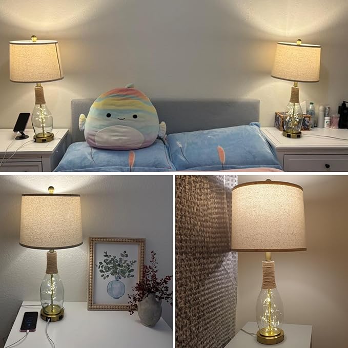 28" Boho Table Lamps Set of 2, Coastal Glass Lamps with USB A+C Ports and Outlet, Nautical Beach Bedside Lamp for Living Room Bedroom Night Stands(2 LED Bulbs Included), Gold - Bloomnest