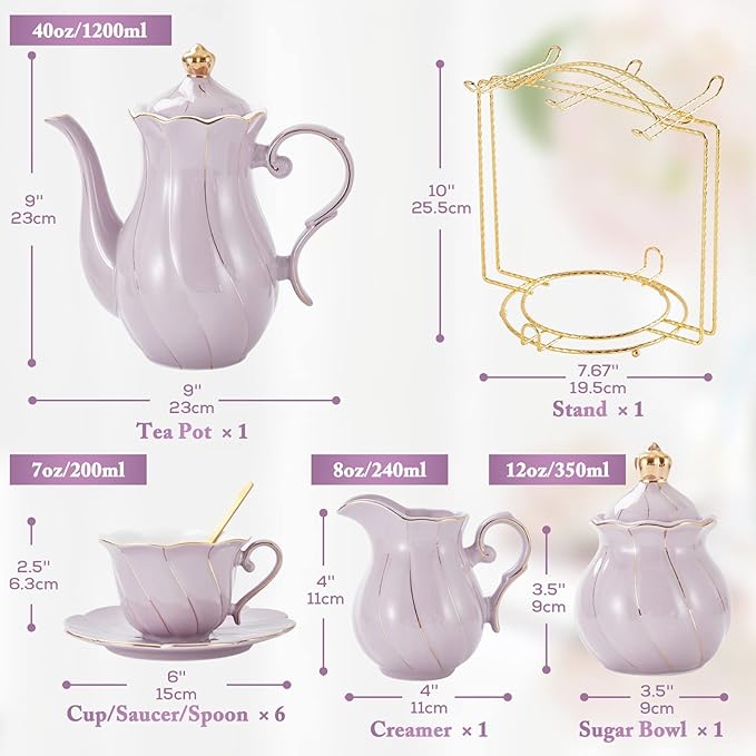DUJUST 22 pcs Porcelain Tea Set for 6, Luxury British Style Tea/Coffee Cup Set with Golden Trim, Beautiful Tea Set for Women, Tea Party Set, Gift Package (With a Stand) - Purple - Bloomnest