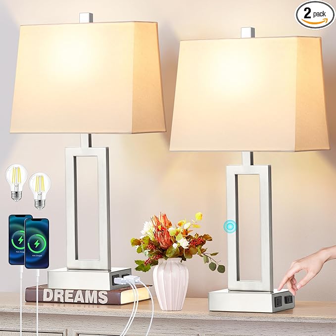 Touch Control Table Lamps for Living Room, 3-Way Dimmable Modern Table Lamp with USB A+C Charging Ports & AC Outlets, Bedside Contemporary Nightstand Desk Lamps with Fabric White Shade for Bedrooms - Bloomnest