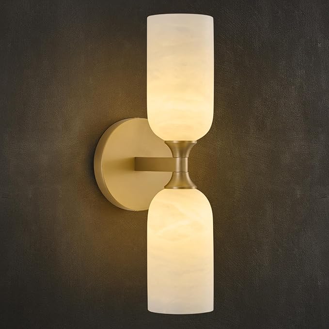 Vintage Alabaster Brass Wall Sconce: Antique Spanish Natural Marble Modern Vanity Wall Lights - 14" Cylinder Retro Brushed Gold Sconces - Indoor Sconce for Bathroom Bedroom Stair Hallway Living Room - Bloomnest