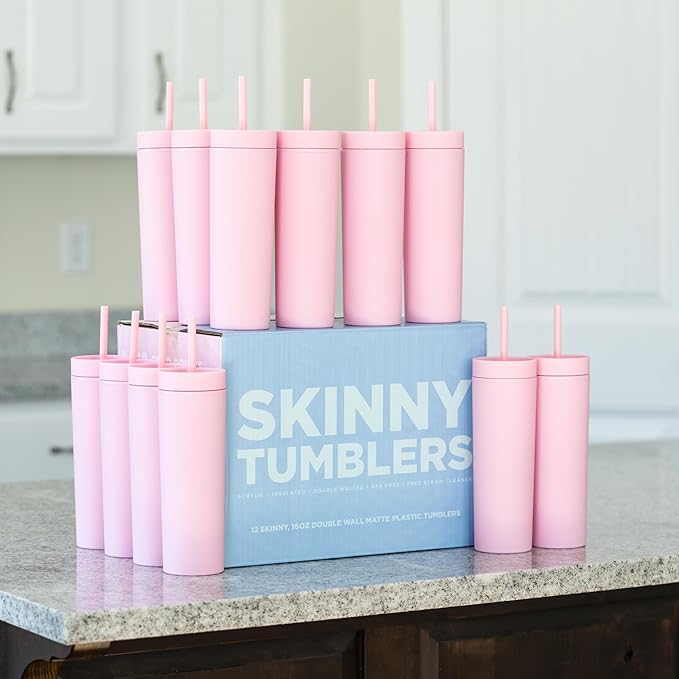 STRATA CUPS Pink Skinny Tumblers with Lids and Straws (12 pack) - 16oz Double Wall Acrylic Tumbler, Tall Matte Skinny Tumblers, Bulk with Free Straw Cleaner, Reusable Cups - Bloomnest