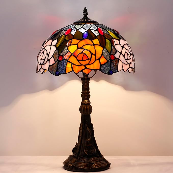 Tiffany Stained Glass Table Lamp 12X12X19 Inch Purple Orange Rose Flower Style Desk Bedroom Living Room Reading Light (Purple Orange Rose Flower) - Bloomnest
