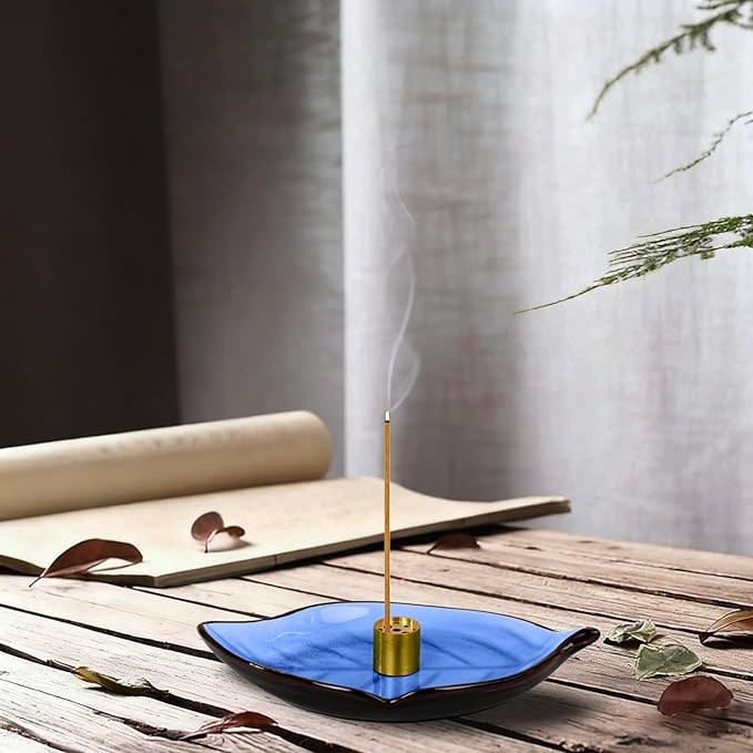 Incense Holder for Sticks (9 Holes) and Cones, Handmade Ceramic Incense Ash Catcher for Meditation, Yoga, SPA Days, Relaxing, Home Decor, Candle Holder, Easy to Clean, Leaf-Shape (Dark Blue) - Bloomnest