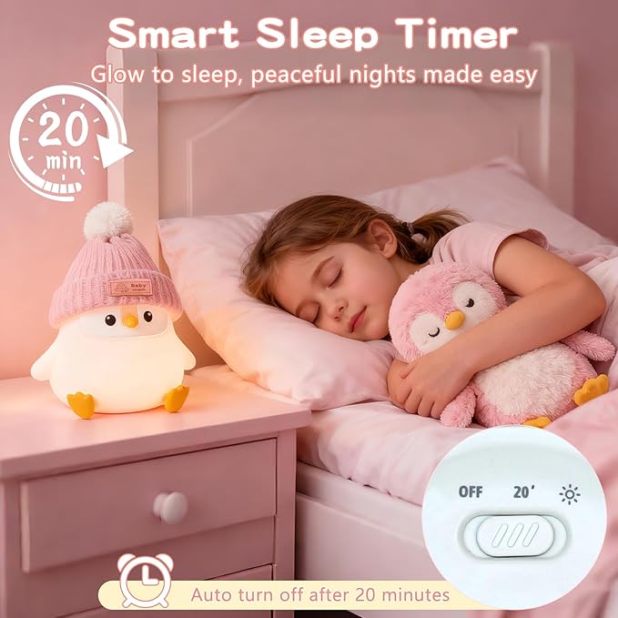 Penguin Silicone Night Light, Cute Pink Penguin Lamp with Knitted Hat, Soft Nursery Nightlight, USB Rechargeable/Dimmable,LED Squishy Novelty Animal Bedside Lamp,Funny Gifts for Kids/Girls - Bloomnest