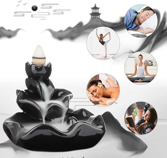 DK177 Incense Holder Waterfall Incense Burner Ceramic Backflow Zen Incense Fountain Machine Diffuser Burner Cone Holder for Spiritual Aromatherapy Gifts Set Home Decor with 20 Cones