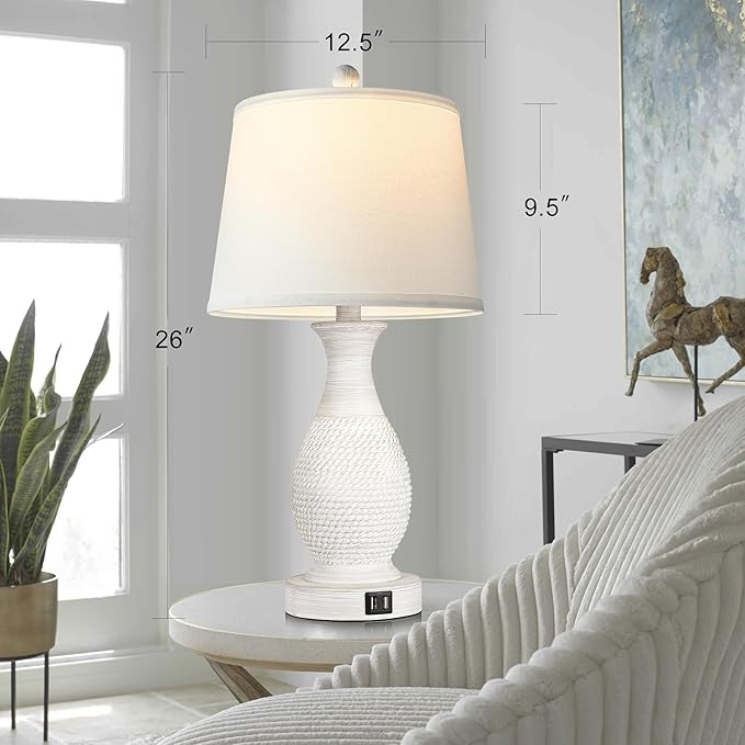 PARTPHONER Set of 2 Table Lamps with USB C+A Fast Charging Ports, 26" Tall Farmhouse Living Room Lamp with 3-Way Dimmable Nightstand Lamp White Fabric Shade for Living Room Bedroom Home Office - Bloomnest