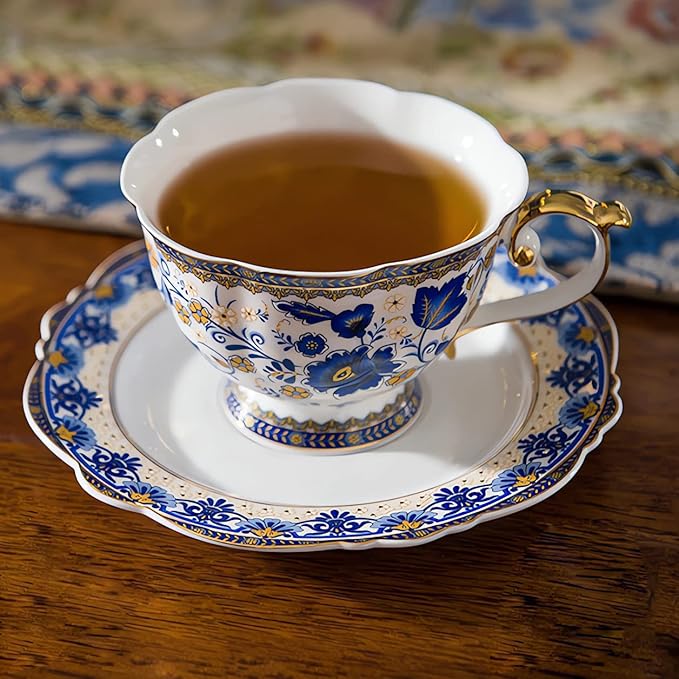 ACMLIFE Bone China Tea Cups and Saucers, 6.8 oz Tea Cup and Saucer Set, with Gold Trim and Gift Box, Blue and White (Blue-D) - Bloomnest