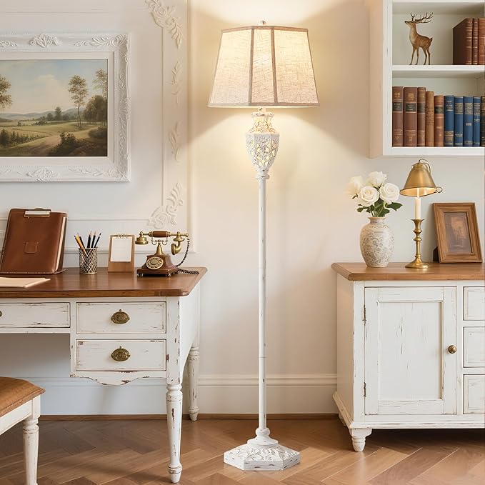 Luvkczc Rustic Floor Lamp - Resin Carved Base with Hollow Night Light, Farmhouse Floor Lamps, Vintage Standing Lamp for Living Room, Bedroom (Includes Bulb) - Bloomnest