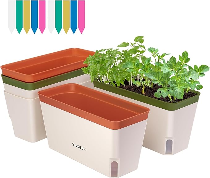 VIVOSUN Self-Watering Planters, 4-Pack 10.5 Inch Compact Rectangular Window Herb Planter Box with 10 PCS Plant Labels, Plant Container for Basil, Flowers, Succulents, Indoor & Outdoor - Bloomnest
