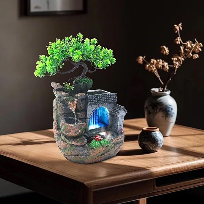 Tabletop Water Fountain with LED Lights, Indoor Relaxing Desktop Fountain with Water Pump, Modern Home Office Decor for Desk, Living Room, Bedroom, 11.81 Inch Resin Waterfall Feature - Bloomnest
