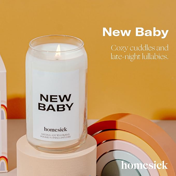 Homesick Scented Candles for Home (New Baby) - 13.75 oz Long-Lasting Natural Soy Wax Blend Jar Candle Gifts & Couples Baby Shower Favors, 60-80 Hours Burn Time - Notes of Geranium & Vanilla - Bloomnest
