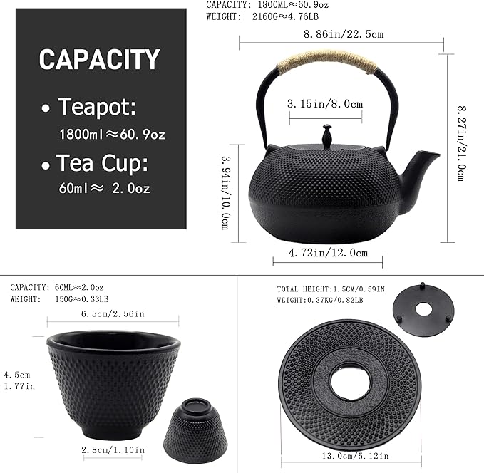 Big Cast Iron Teapot Set with Cups, Japanese Tetsubin Tea Kettle for Stovetop Safe, Cast Iron Tea Set with Tea Strainer for Loose Tea and Enameled Interior (1800ml Teapot Set with Cups) - Bloomnest