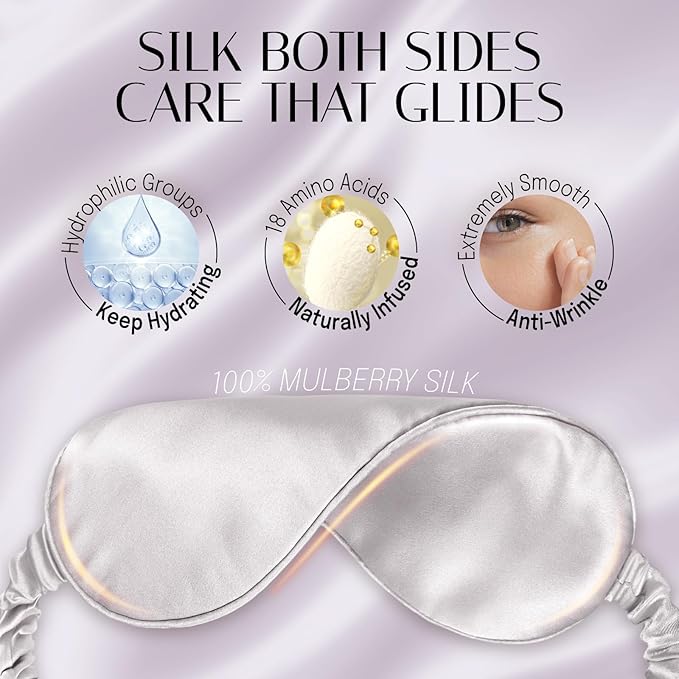 OLESILK Silk Sleep Eye Mask Blindfold with Double Layer Filling for Full Night's Sleep, Silk Wrapping Strap- Luxury Eye Cover Eyeshade for Women Men with Travel Bag and Ear Plugs, Silver - Bloomnest