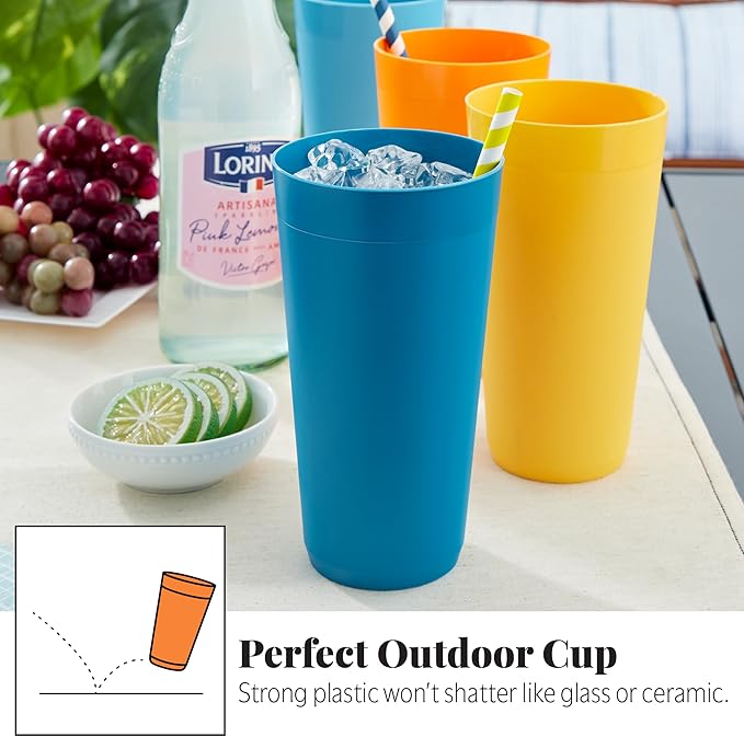US Acrylic Newport 32 ounce Unbreakable Plastic Stackable Iced-Tea Tumblers in 4 Sunrise Colors | Set of 12 Drinking Cups | Reusable, BPA-free, Made in the USA, Top-rack Dishwasher and Microwave Safe - Bloomnest