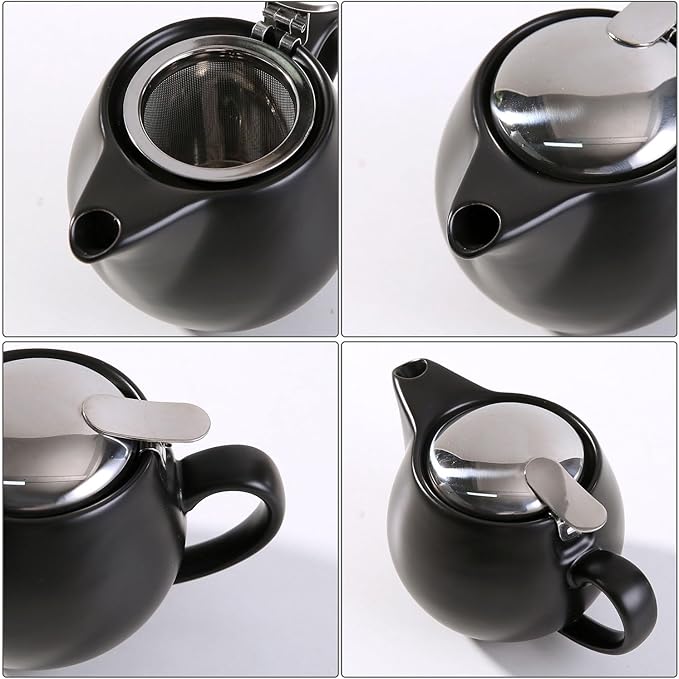 Small Ceramic Teapot With Stainless Steel Infuser, Heat Resistant, Perfect Tea Maker, Black, 350ml/12.0oz