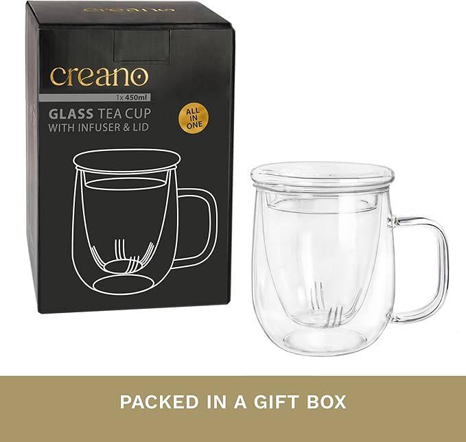Creano Tea Glass 450 ml – Large Tea Cup with Strainer and Glass Lid – An ideal Tea Maker - Bloomnest