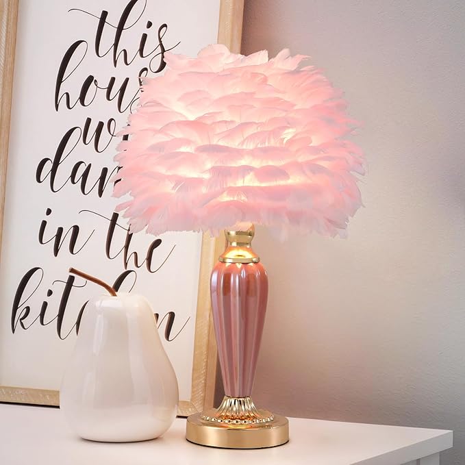 Pink Feather Lamp Creative Bedside Lamp Feather Table Lamp Cute Furry Goose Nightstand Light for Girl Bedroom Wedding Decor Living Room Hotel Office Valentines Dating Gift - Bloomnest