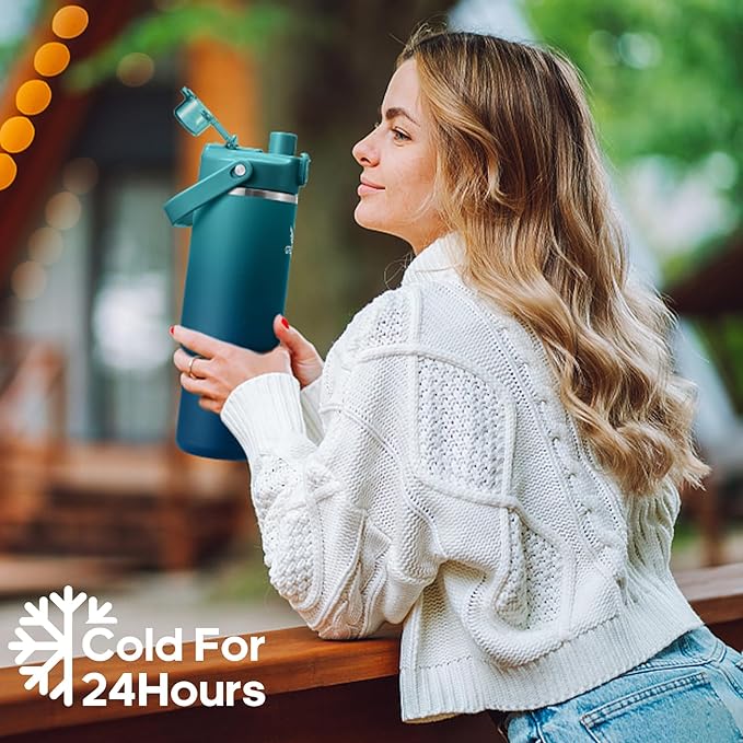 32 oz Stainless Steel Tumbler with Handle and Straw, Vacuum Insulated Water Bottle with 2-in-1 Lid (Chug/Straw) and Silicone Boot，Keeps Drinks Hot and Cold - Bloomnest