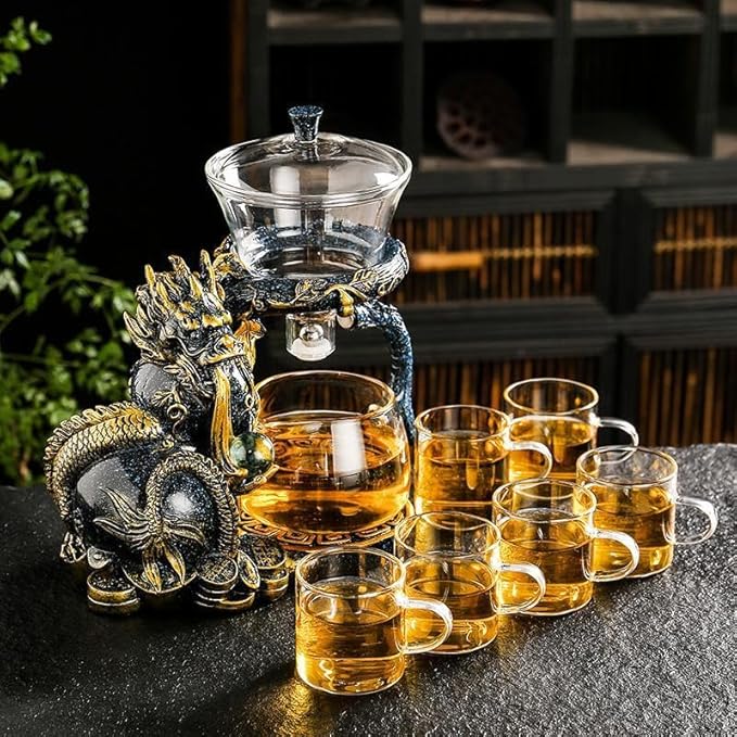 Glass Teapot Set with Infuser Semi Automatic Dragon Tea Set with 6 Small Cups (Blue golden dragon) - Bloomnest