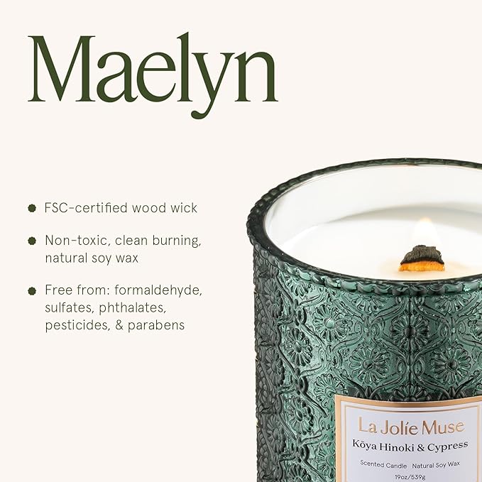 LA JOLIE MUSE Kōya Hinoki & Cypress Scented Candle – Pine, Leather & Hinoki | 19 oz Festive Christmas Candle | Wooden Wick | Clean Burn & Vibrant Scent | Fun Gift for Hosts & Fall Tablescapes - Bloomnest