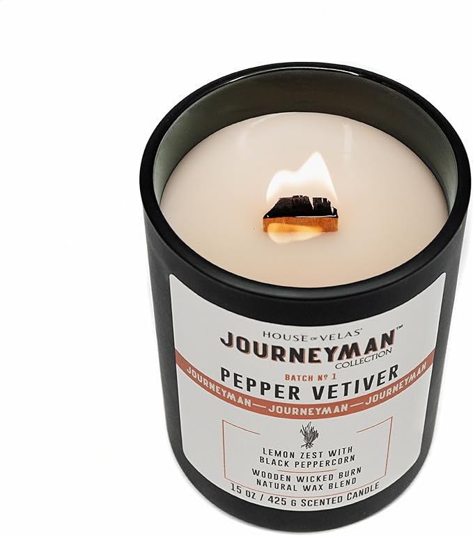 Journeyman Collection Candle, 15oz, Wooden Wick, Pepper Vetiver, Large Painted Jar - Bloomnest
