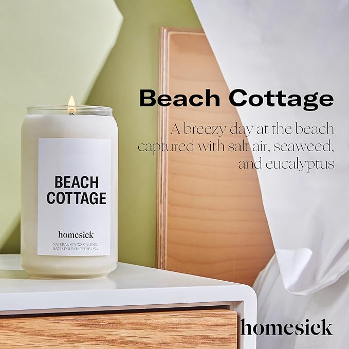 Homesick Scented Candles for Home (Beach Cottage) - Long-Lasting Natural Soy Wax Blend Jar Candle Gifts for Women & Men, 60-80 Hours Burn Time - Notes of Bergamot & Sandalwood - Bloomnest