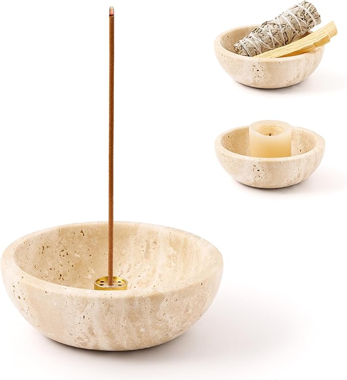 WORHE Travertine Incense Holder, Natural Marble Incense Holder for Sticks with 9 Incense Holes, Handmade Incense Stick Burner Reflux Burner Ideal for Meditation Yoga Spa Room Decor Beige (WH085)