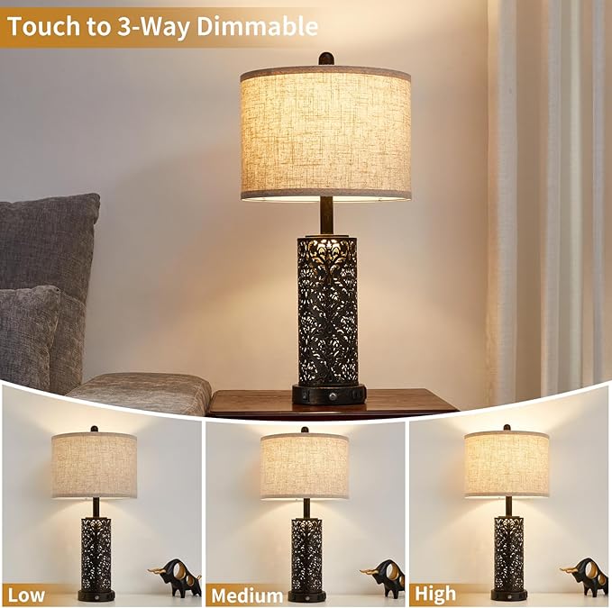 26" Farmhouse Table Lamp Dual Light 3-Way Dimmable Touch Control, 2 USB Ports + AC Outlet Rustic Bedside Lamp for Living Room Bedroom and Nightstand with Nightlight (Black-1 Pack) - Bloomnest