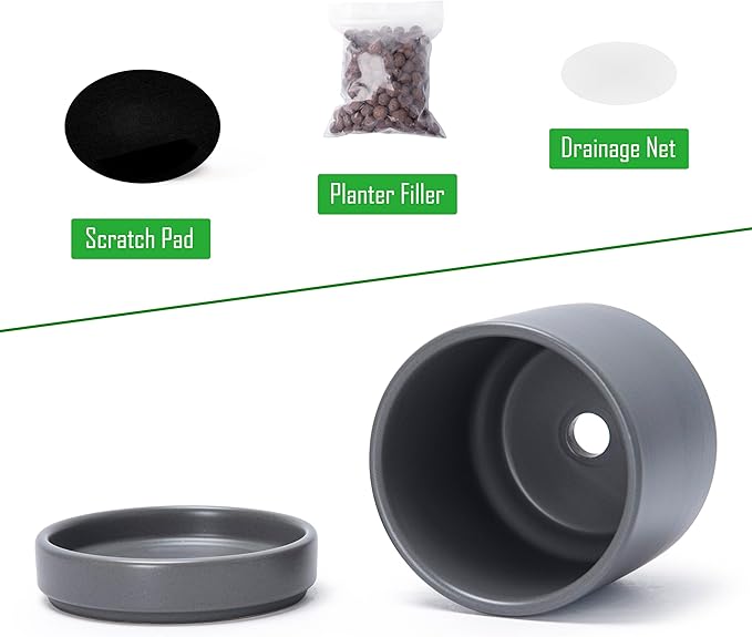 D'vine Dev 3.5 Inch & 4.7 Inch Ceramic Planter Pots for Plants with Drainage Hole and Saucer, X-Small Plant Pots Set, Speckled Grey, 94-G-XS-3 - Bloomnest