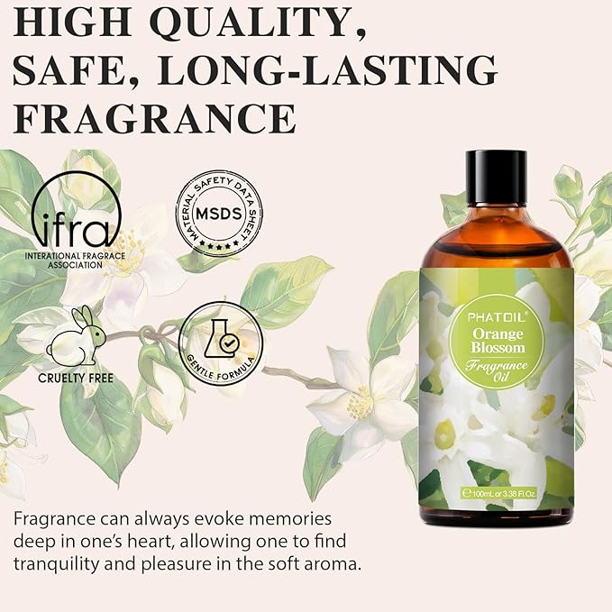 100ML/3.38fl.oz Orange Blossom Fragrance Oils, PHATOIL Orange Blossom Oil for Diffuser, Humidifier, Scented Oils for DIY Soap, Candle Making with Premium Glass Dropper - Bloomnest