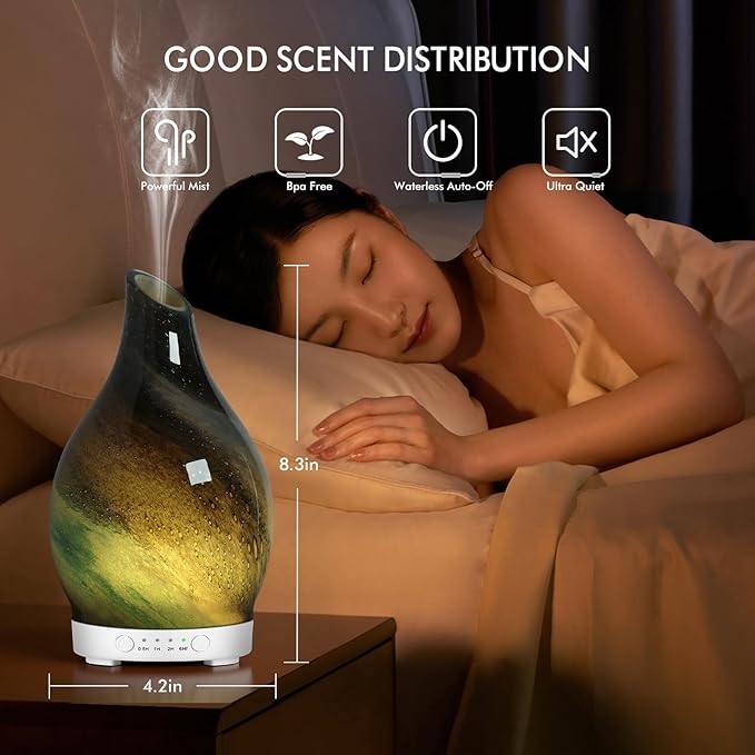 Aromatherapy Diffuser Essential Oil Diffuser - Glass Diffuser Ultrasonic Cool Mist Aroma Diffuser 150ml Scented Oil Diffuser with Auto-Off Protection & 7 Colors Night Light for Home Office Decor&Gift - Bloomnest
