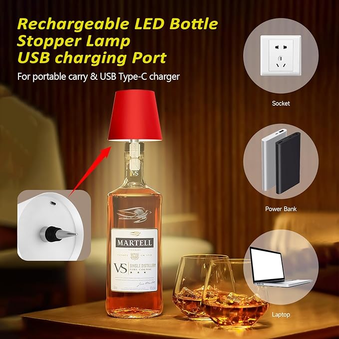 2025 New Wireless Bottle Lamp - LED Bottle Lights for Liquor & Wine Bottles, Cordless Lampshade, Whiskey Bottle Top Light, Bottle Stopper Night Light Kit, Rechargeable 3-Tone Touch-Dimmable - Bloomnest