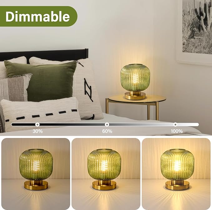 Small Green Glass Table Lamp: Mid Century Modern Dimmable Nightstand Lamps - Vintage Decor Brass Desk Lamp with Plug - Ribbed Glass Bedside Tables Lamps for Bedroom Living Room Office Bulb Excluded - Bloomnest