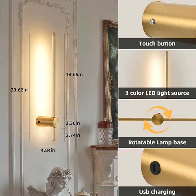 Battery Operated Wall Sconce USB Rechargeable Sconces, 23.6" Brushed Gold Wireless Wall lamp Set of 2, 3000K-6000K & Dimming with Remote Control, LED Wall Lights for Living Room, Bedroom - Bloomnest