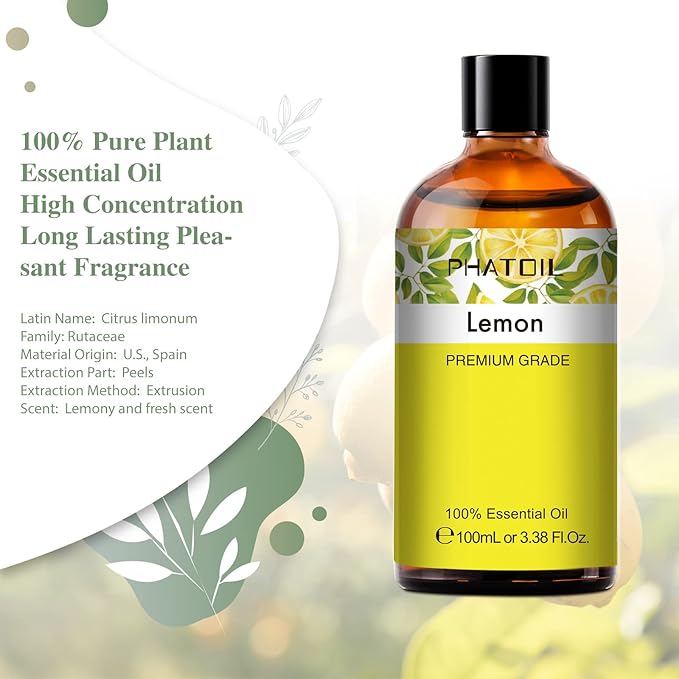 PHATOIL 3.38FL.Oz Lemon Essential Oil, for Aromatherapy Diffusers, Humidifiers, Great for DIY Candle and Soap Making, Gift for Friend - Bloomnest