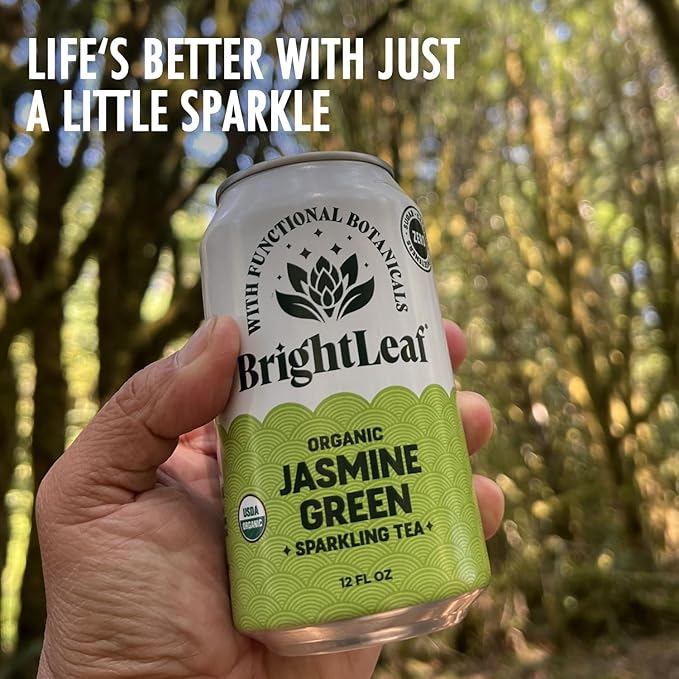 BrightLeaf Regenerative Organic Sparkling Tea, Jasmine Green, 12 oz Cans (Pack of 12) – Zero Sugar & Zero Calories – Organic Herbal Tea Drink – Mood-boosting ingredients – Craft Brewed Botanical Beverage - Bloomnest