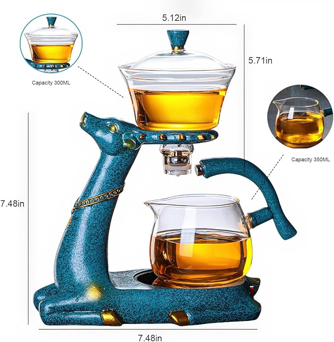 Kungfu Magic Deer Tea Set Glass Magnetic Teapot Semi-Automatic Water Guide Magnetic Teapot with Infuser Heat-Resistant Glass Magic Deer Tea Pot Magic Tea Set Perfect of Holiday Gifts (Blue)