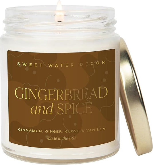Sweet Water Decor Gingerbread and Spice Candle - Orange, Lemon, and Gingerbread Soy Christmas Candles - Gold Foil Pattern 9oz Clear Jar, 40 Hour Burn Time, Made in The USA - Bloomnest