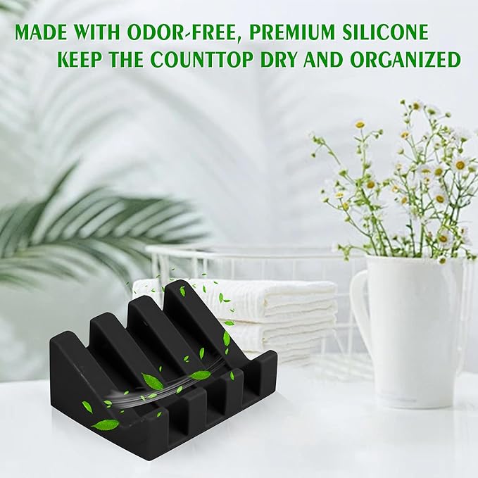 Self Draining Soap Dish Holder,Silicone Soap Dish,for Bathroom,Kitchen, Sponges，Can Extend Soap Life，Keep Soap Bars Dry and Easy Cleaning (Black,2-Pack) - Bloomnest