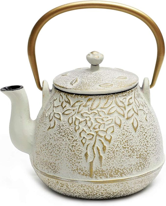 Tea Kettle, TOPTIER Japanese Cast Iron Teapot with Infuser for Loose Leaf and Tea Bags, Stovetop Safe Cast Iron Tea Kettle Coated with Enameled Interior for 40 oz (1200 ml), Beige - Bloomnest