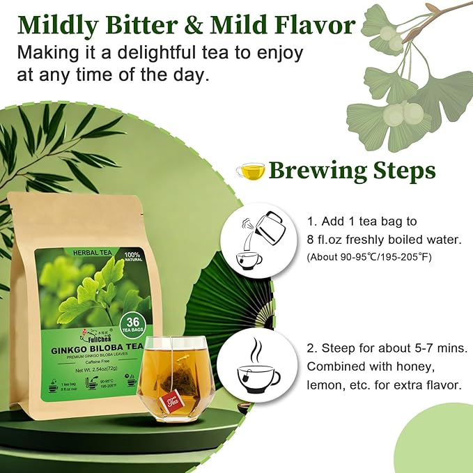 FullChea - Ginkgo Biloba Tea Bags, 36 Teabags - Premium Dried Ginkgo Biloba Leaves - Non-GMO - Caffeine-free - Support Memory & Focus - Bloomnest