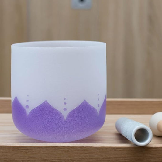 Leize Quartz Crystal Singing Bowl 432hz B Note Crown Chakra Violet Lotus Design 6" Wide with Suede Striker - Bloomnest