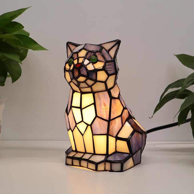 Tiffany Cat Lamp Blue and White Stained Glass Animal Table Lamp Accent Lamp - Bloomnest