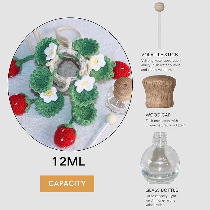 Handmade Crochet Hanging Car Air Freshener - Cute Strawberry Plant Design, 12ml Refillable Thick Glass Bottle, Car Diffuser for Rearview Mirror, Home & Office Decor - Bloomnest