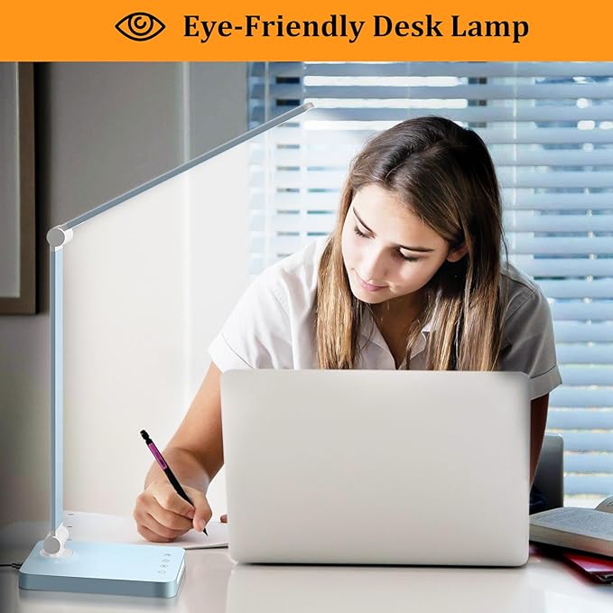 LED Desk Lamp with USB Ports,Touch Desk Lamps for Home Office with 5 Color Modes,3 Brightness Desk Light with Small Night Light,Reading Lamp Table Lamp for Bedroom Bedside Study Blue （with adapter） - Bloomnest