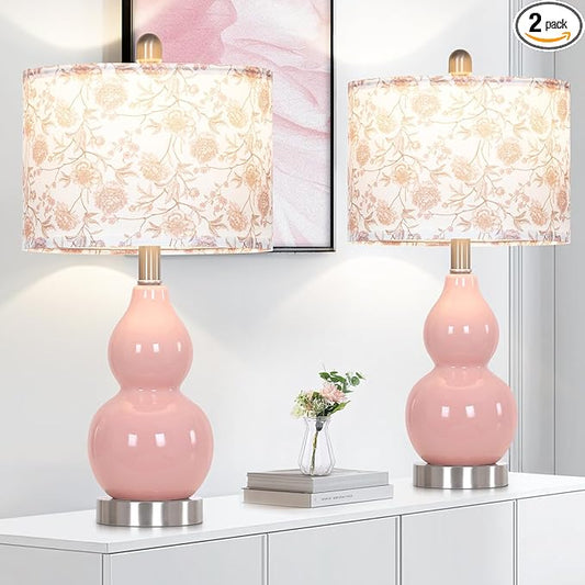 Pink Double Gourd Ceramic Lamps Set of 2 with Flower Lampshade, Modern Table Lamps for Living Room, Contemporary Nightstand Bedside Lamp for Bedrooms End Tables Office Dorm Decor(2 LED Bulbs Included) - Bloomnest