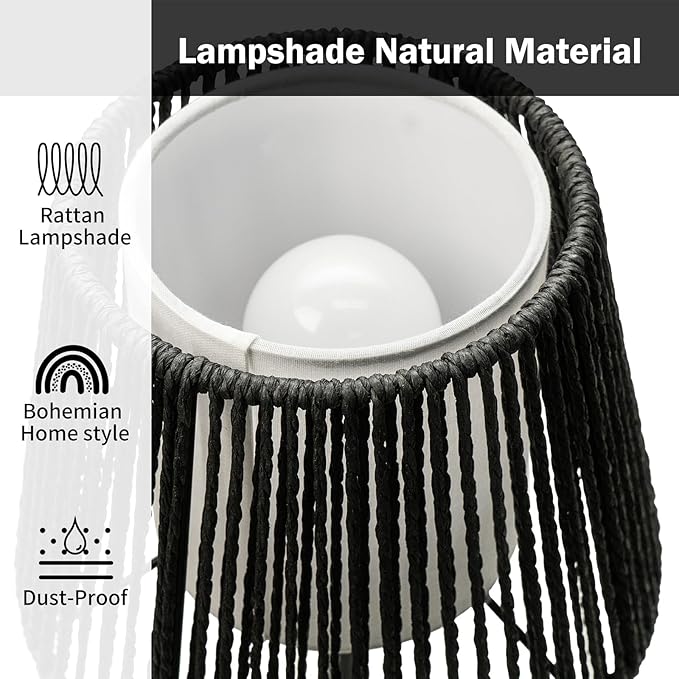 Touch Boho Lamp Dimmable, 3-Way Bedside Table Lamp 14.2", Rope Light for Bedroom Nightstand Farmhouse, Bulb Included, 2 Packs (Black) - Bloomnest