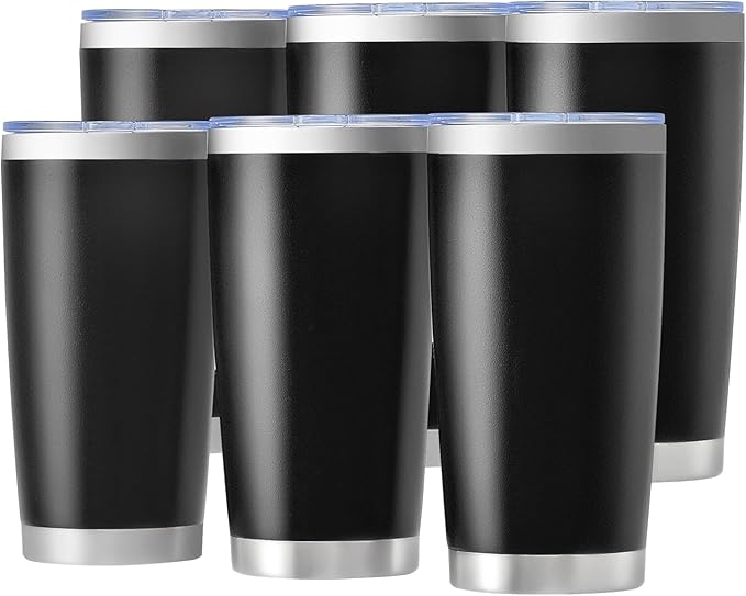 OMTech 20oz Tumblers Bulk, 6pc Stainless Steel Tumbler Set with Lid & Straw, Double Wall Vacuum Insulated Mug for Laser Engraver, Travel Coffee Mug for Hot & Cold Drinks, Black Powder Coated Cup - Bloomnest